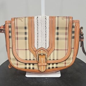 Burberry Tan Plaid Crossbody with White Woven Stripe